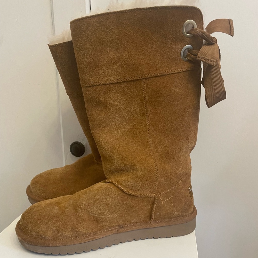 Koolaburra by UGG Andrah Tall Chestnut Suede Boots Lace Up Back 8 - Picture 2 of 6